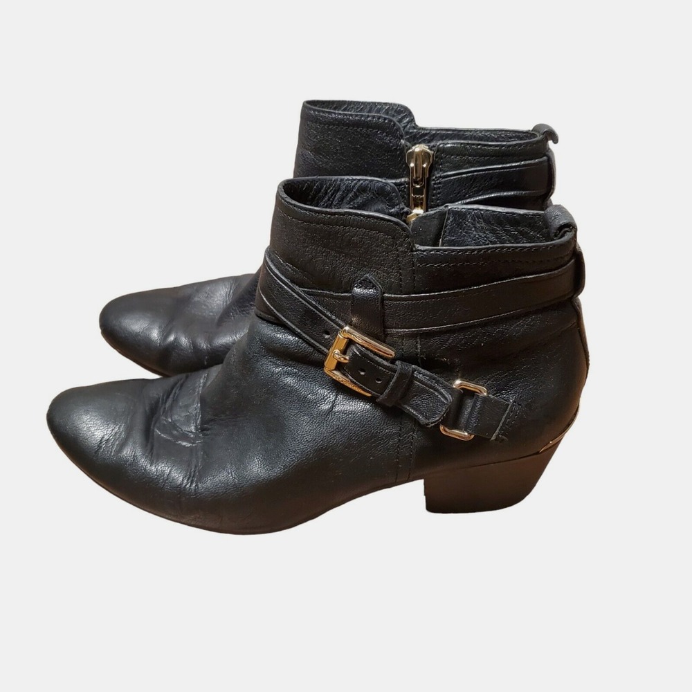 Coach Pauline Womens Black Leather Gold Buckles Side Zipper Ankle Boots 8B